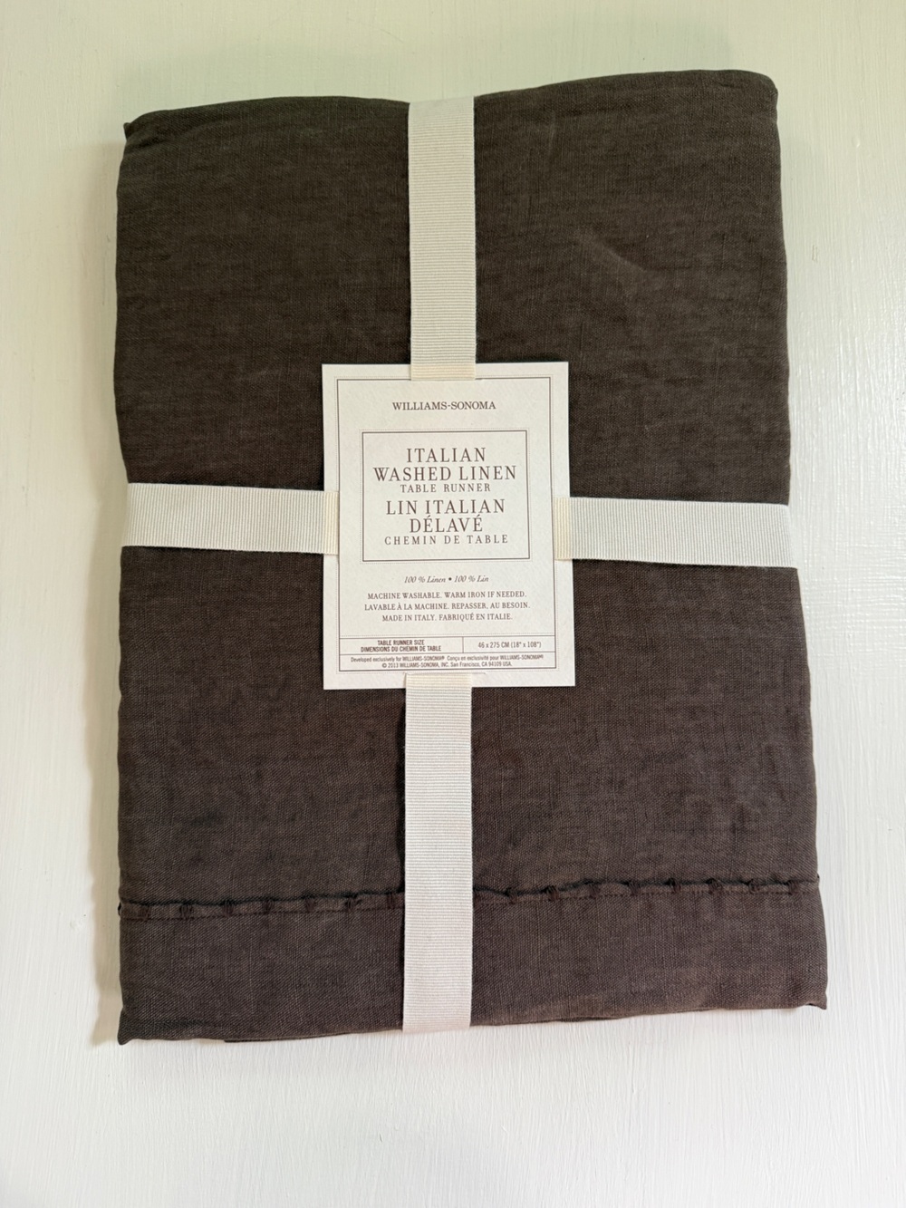 NWT Williams Sonoma Italian Washed Linen Table Runner Chocolate Brown 18 x 108